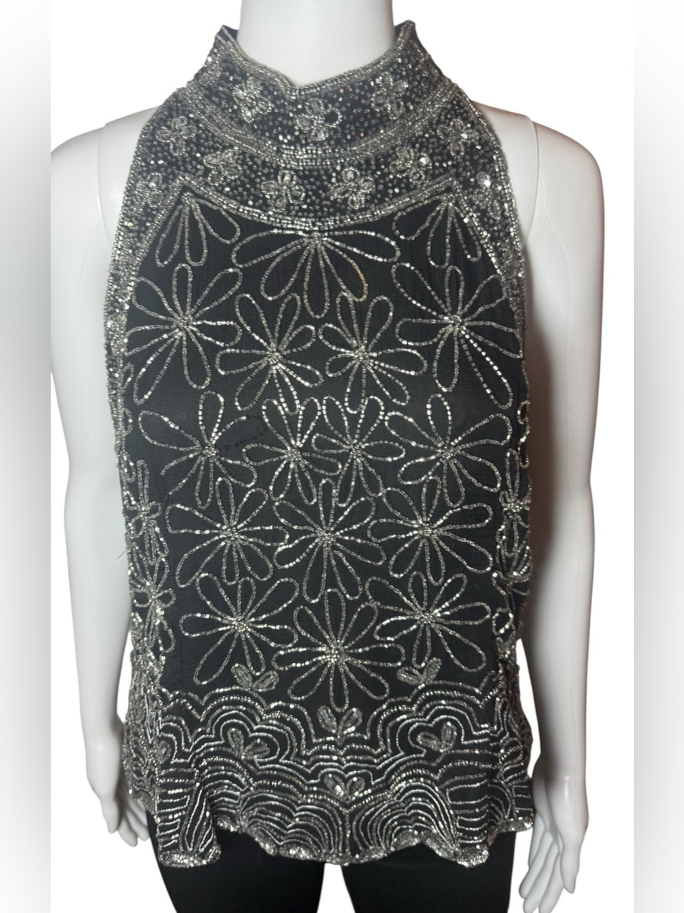 Vintage Papell Boutique Evening  Black Silk Floral Beaded Halter Top XL